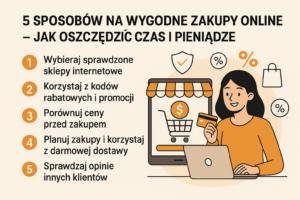 Infografika przedstawiająca 5 sposobów na wygodne zakupy online: wybieraj sprawdzone sklepy internetowe, korzystaj z kodów rabatowych i promocji, porównuj ceny przed zakupem, planuj zakupy i korzystaj z darmowej dostawy, sprawdzaj opinie innych klientów. Obok ilustracja kobiety z laptopem i kartą płatniczą.