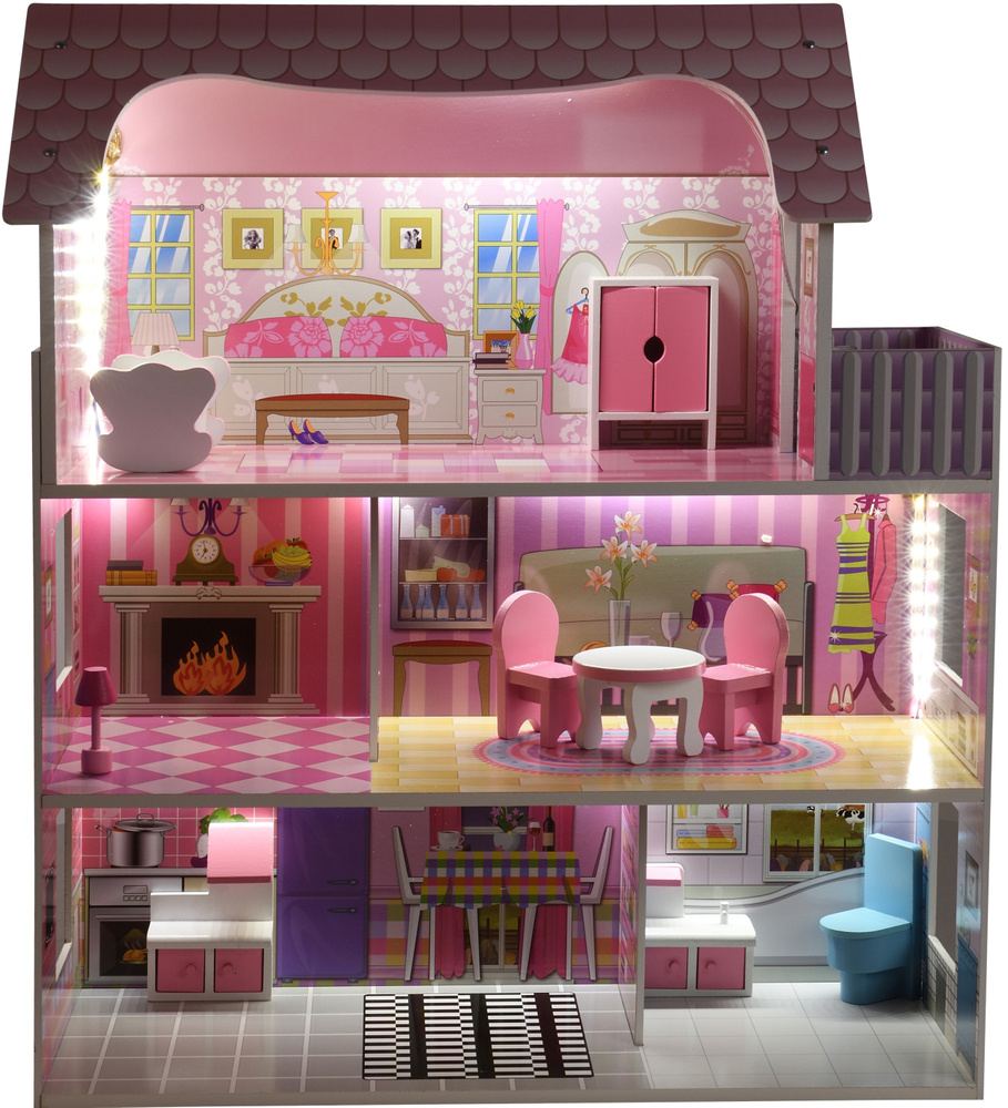 Drewniany domek dla lalek z oświetleniem LED - obrazek 3